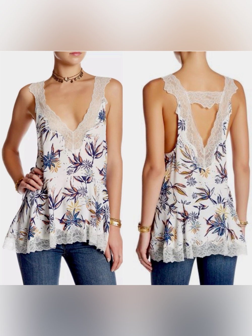 Intimately Free People Bell Floral Lace-Trim Double V-Neck Tank Top Medium M GUC